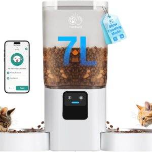 Frienhund Automatic Cat Feeder 2 Cats with Slow Feed: Dual Automatic Dog Feeder with 5G WiFi, Cat Food Dispenser with APP Control for Multiple Pets, Detachable for Easy Clean, Double Pet Bowl – 29 Cup