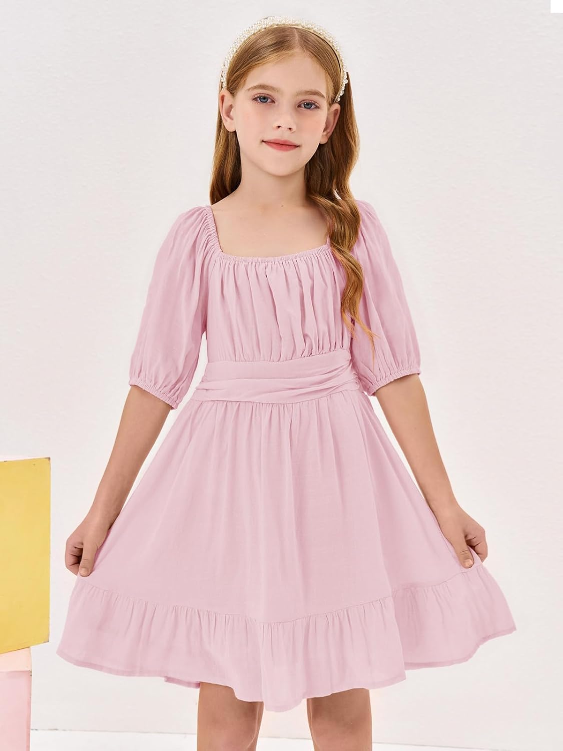 Girls Summer Dresses Square Neck Lantern Sleeve Tie Backless Ruffle A-Line Party Mini Dress - Image 2