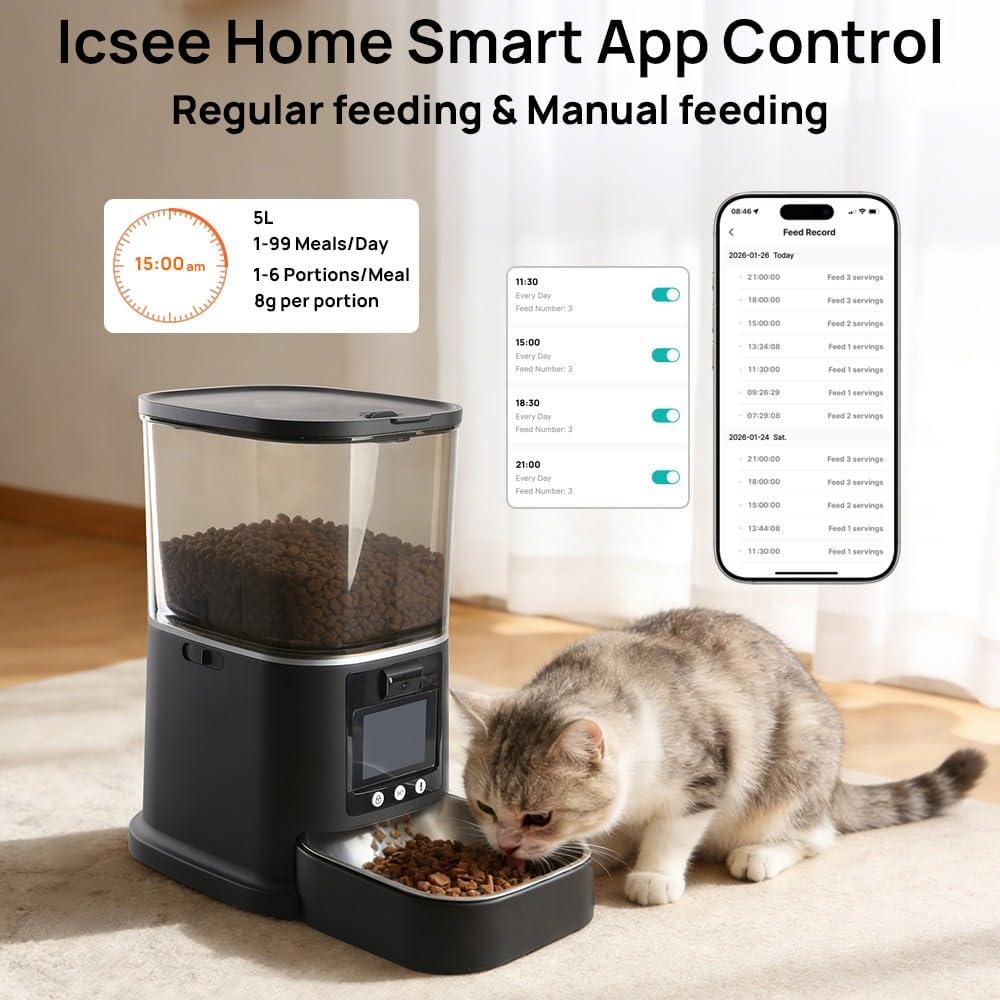 5L Automatic Cat Feeder with Camera, Two-Way Video 3MP HD & Audio, 5G WiFi Automatic Dog Feeder with Night Vision, Cat Food Dispenser with Dog Food Container for Multiple Pets - Image 4