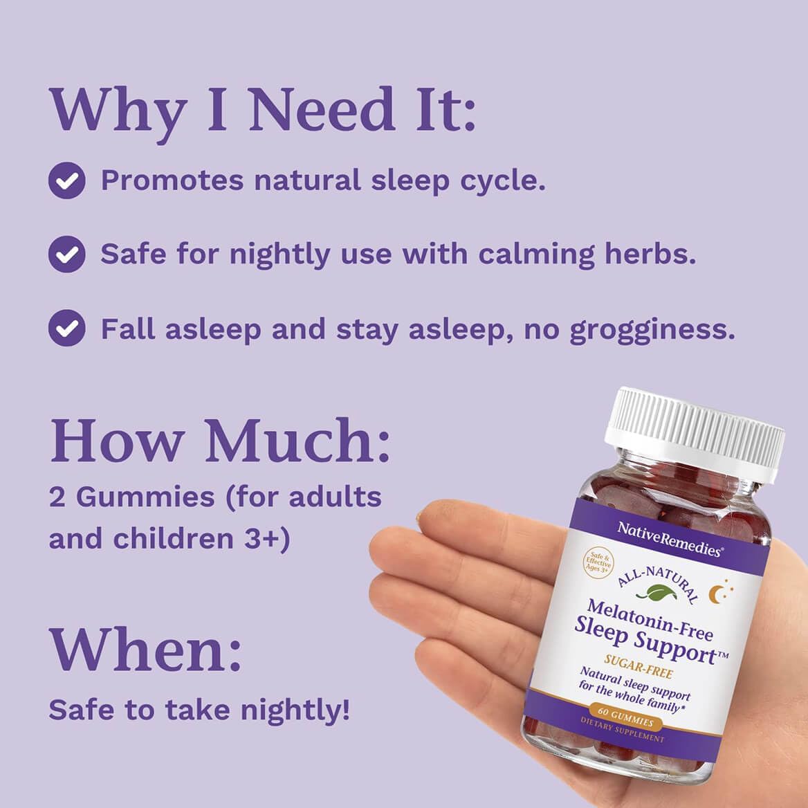 Native Remedies Melatonin-Free Sleep Gummies – Sugar-Free Herbal Formula with GABA, Magnesium, L-Theanine & Valerian – Sleep Aid Natural Support for Adults - 60 Calm Gummy Vitamins - Image 5