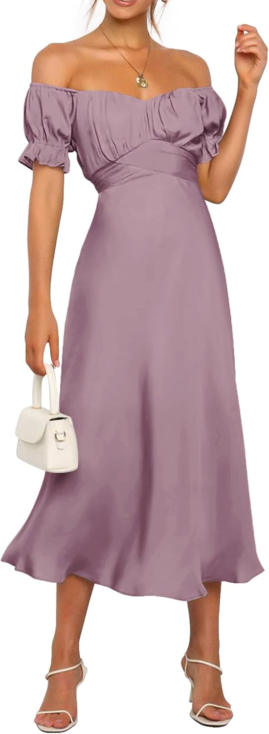 KIRUNDO Women's 2026 Spring Summer Satin Wedding Guest Midi Dress Off The Shoulder Wrap Party Cocktail Formal Prom Dresses