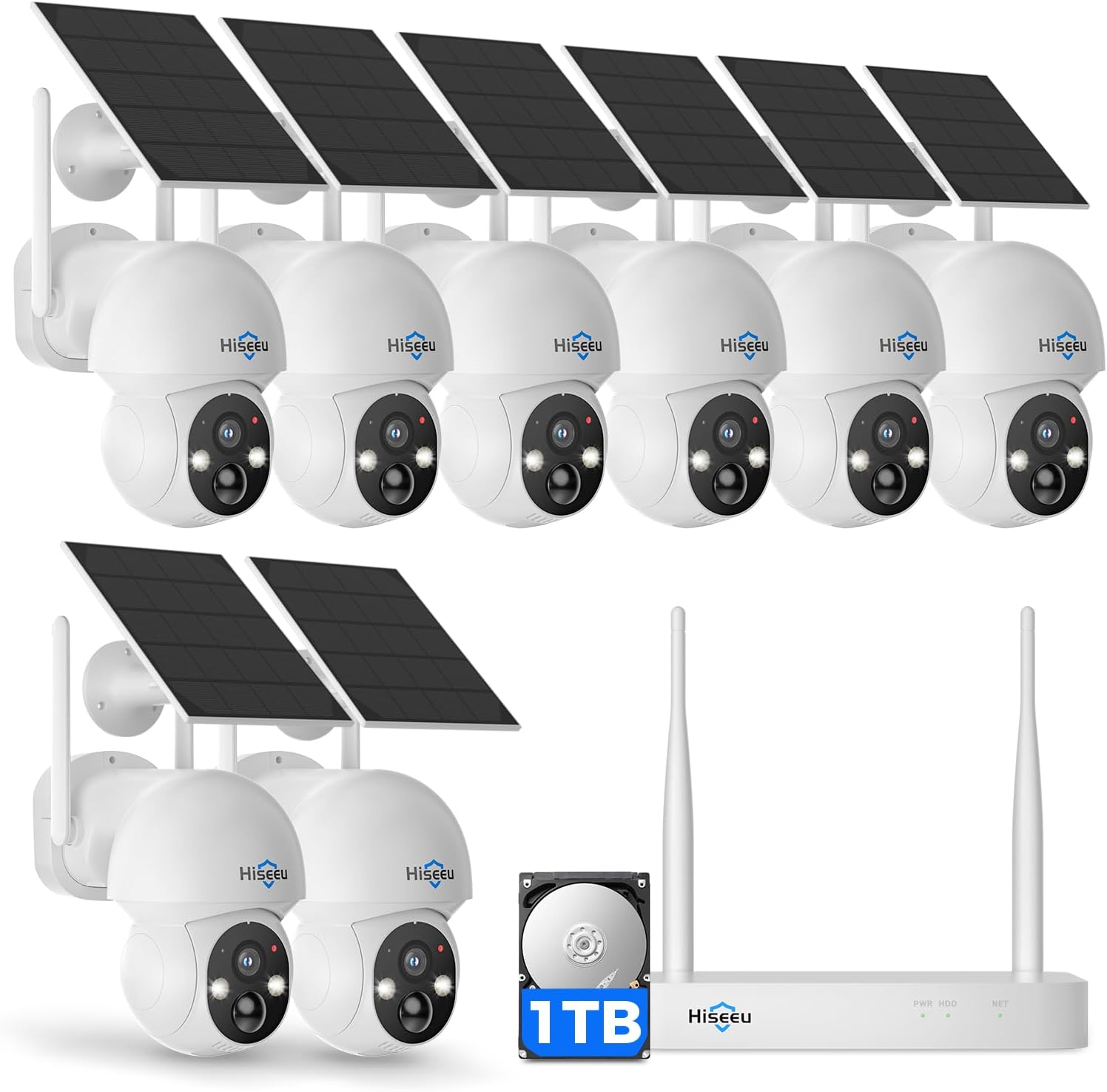 Hiseeu Solar Camera Wireless Outdoor, 4MP 8-Cam Kit, Pan-Tilt 360° View, Color Night Vision, Dual-Band WiFi, 1TB HDD Local Storage, No Monthly Fee