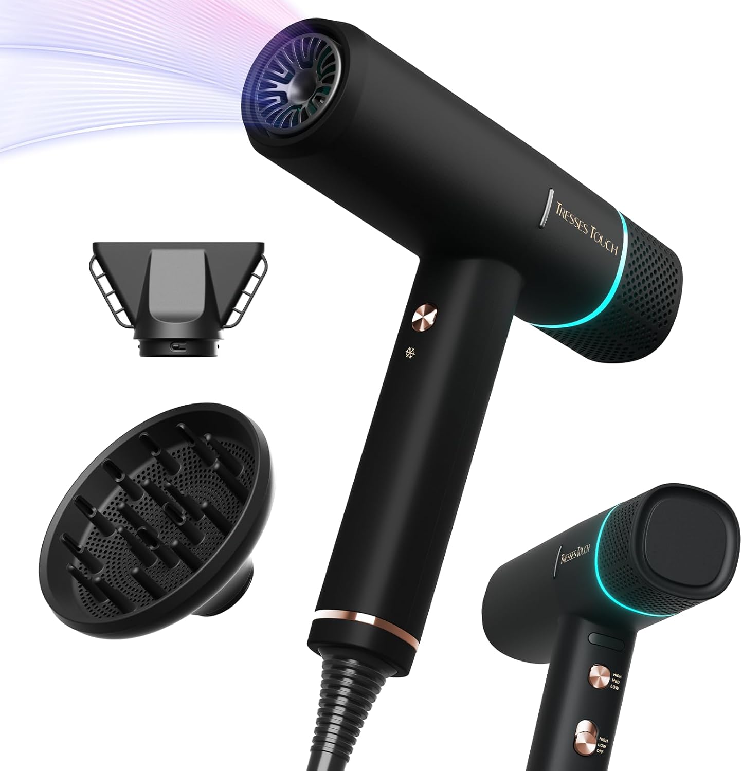 Hair Dryer with Diffuser Blow Dryer, High-Speed Ionic BlowDryer, Powerful 1600 Watt Motor for Fast Drying and Straight & Wavy Hair, Low Noise, Lightweight, Professional Hairdryer for Home Salon