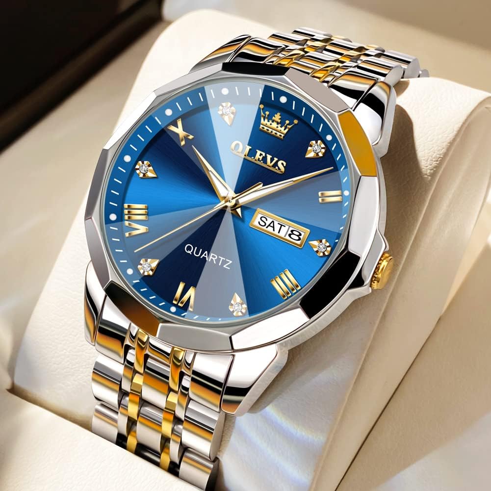 OLEVS Watch for Men Diamond Business Dress Analog Quartz Stainless Steel Waterproof Luminous Date Two Tone Luxury Casual Wrist Watch Blue - Image 9