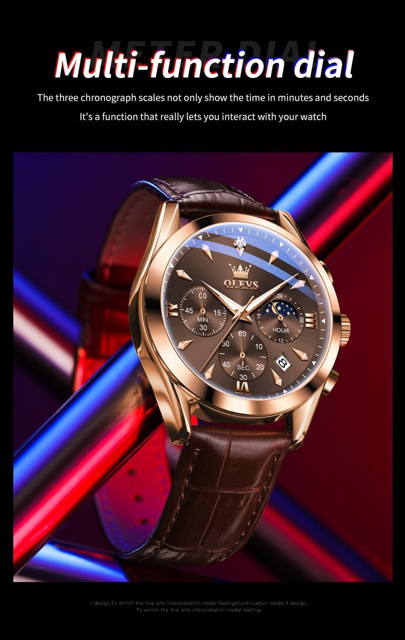 OLEVS Men's Leather Analog Quartz Watch - Luxury Chronograph Wristwatch with Date, Waterproof, Luminous - Dress Style - Image 7