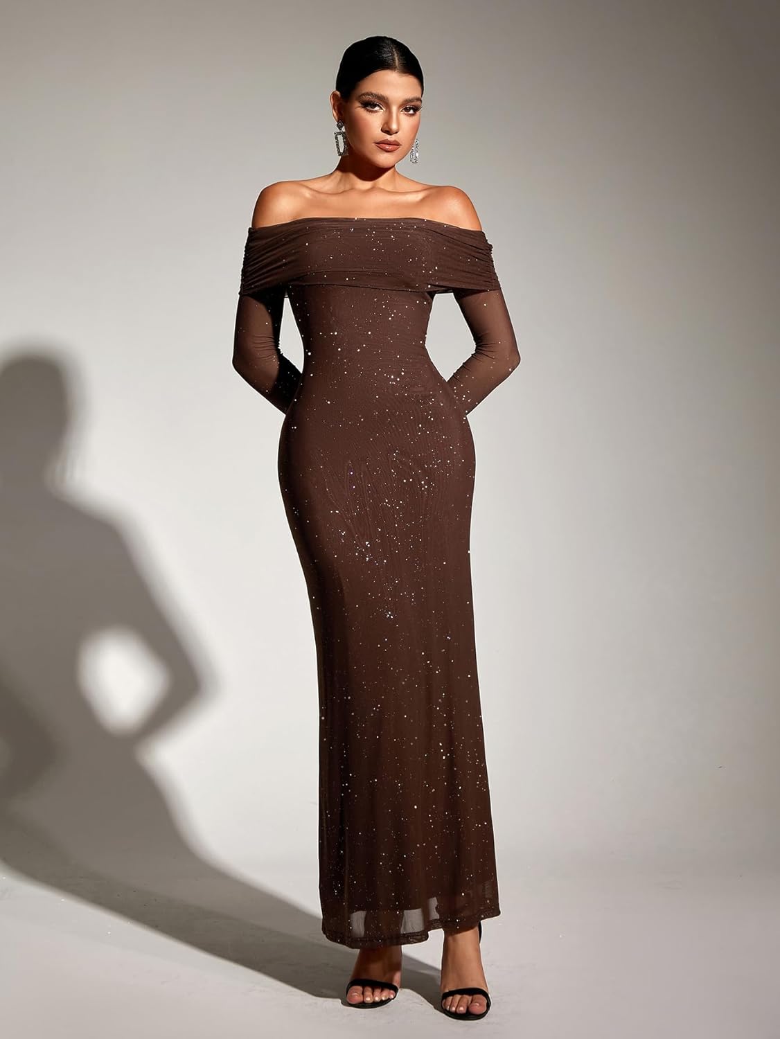 KUTUMAI Women Off Shoulder Bodycon Maxi Dress Long Sleeve Mesh Ruched Party Formal Wedding Guest Dresses - Image 5