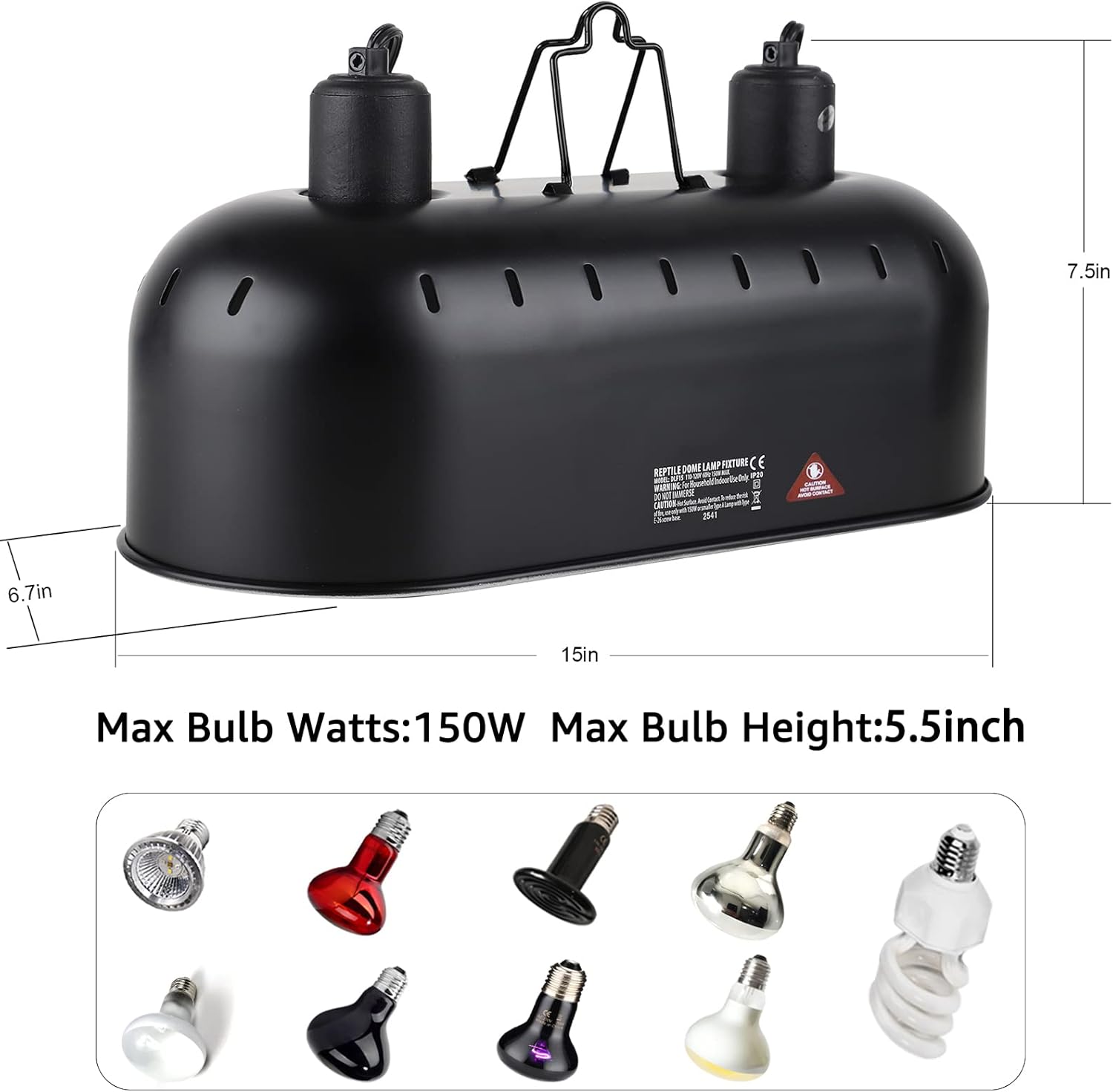 DXOPHIEX 15inch Dual Reptile Light Fixture, Max 150W Dual Reptile Heat Lamp with Separate Switches, Double Dome Lamp UVB Light Fixture for Bearded Dragon, Turtles, Snake and Lizard Terrarium - Image 5