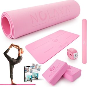 Nolava Yoga Mat with Bag – 72 x 24 inch, 1/4 inch Thick Non-Slip Mat – Includes Slap Band, Black Zippered Carry Tote with Mat Sleeve & Inner Pocket – For Yoga, Pilates, Home or Studio.
