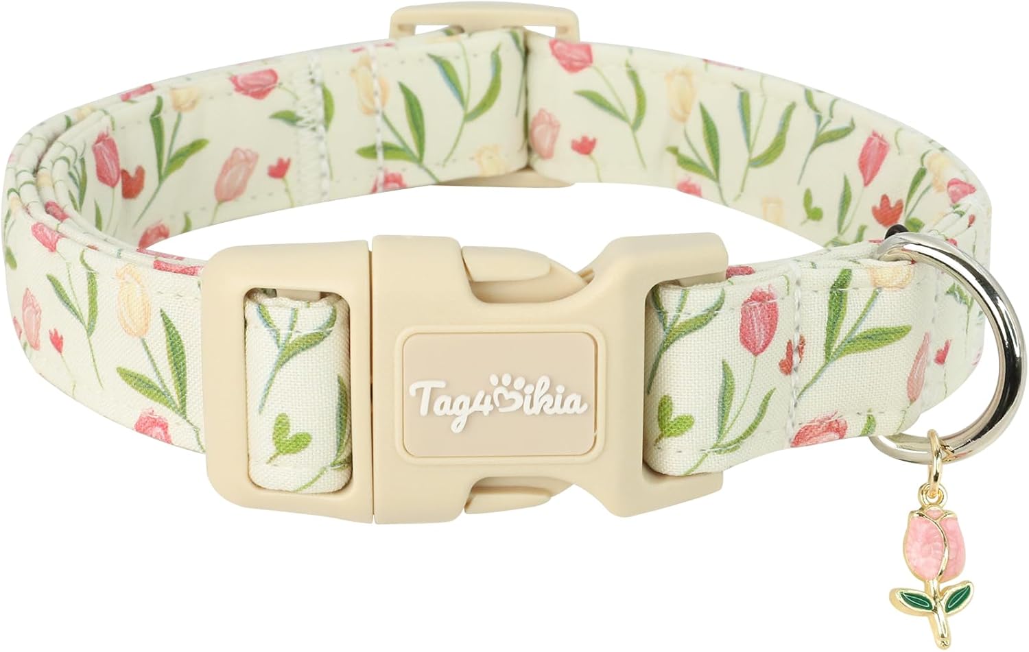 Dog Collar with Tulip Patterns, Spring Summer Collection Dog Collar with Exquisite Pendant, Durable Adjustable Collars for Gifts & Daily Use-S