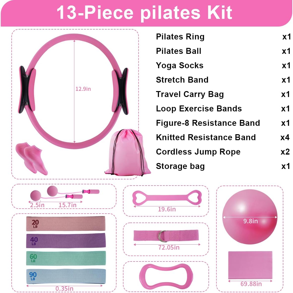 Home Pilates Kit for Women, Workout Set with 12.9" Ring, 9.8" Mini Ball, 4 Fabric Bands, Figure-8 Band, Stretch Band, D-Ring Strap, Cordless Jump Rope, Socks, Carry Bag - Image 6