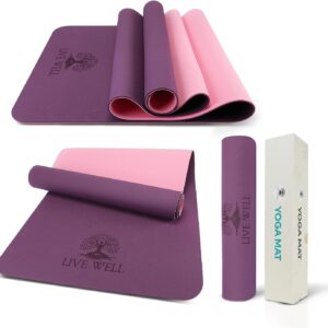 Live Well TPE Yoga Mat Women – Non-Slip Exercise Mat with Strap, Extra Thick 6mm Pink Yoga Mat for Home Workout and Outdoor Use