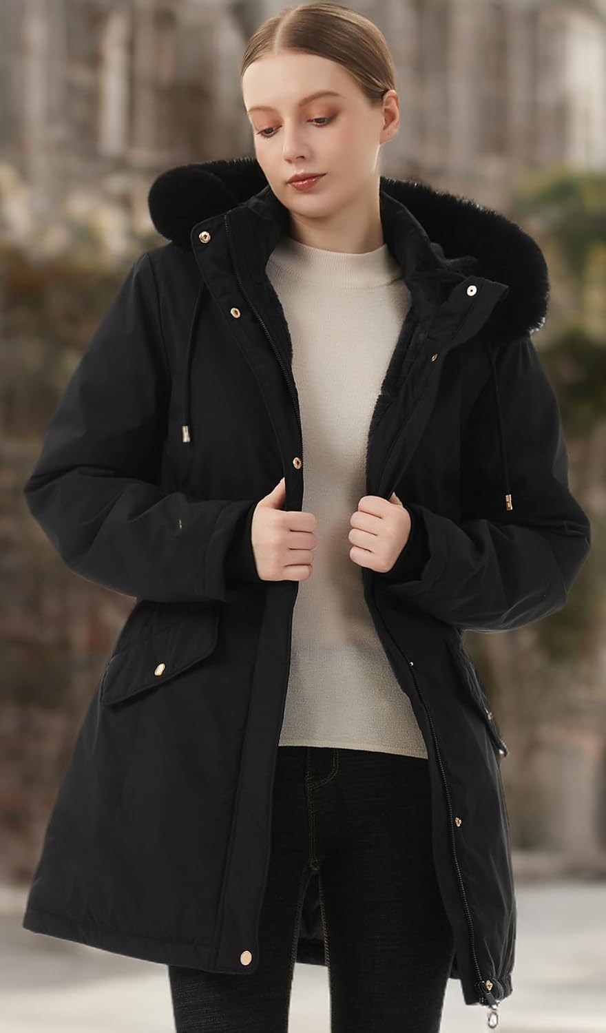 MOERDENG Women's Long Winter Down Coat Thicken Fleece Lined Parka Warm Puffer Jacket With Faux Fur Detachable Hood - Image 7