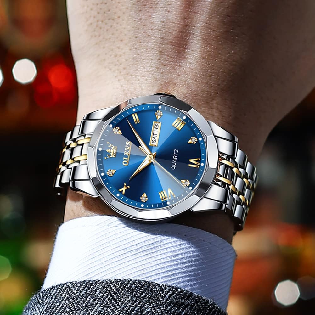 OLEVS Watch for Men Diamond Business Dress Analog Quartz Stainless Steel Waterproof Luminous Date Two Tone Luxury Casual Wrist Watch Blue - Image 7
