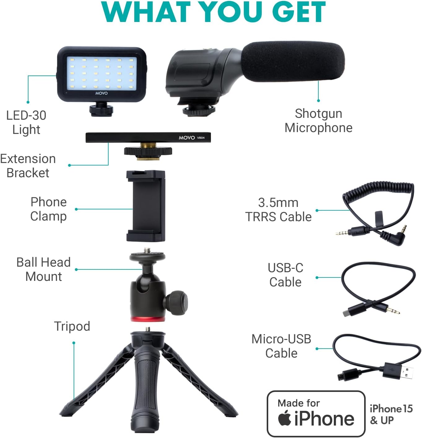 Movo USB-C Vlogging Kit for iPhone 15/16 - Phone Video Kit Accessories: Phone Tripod, Phone Mount, LED Light and Shotgun Microphone - Youtube Starter Kit for Content Creation, TikTok, Podcasts - Image 2