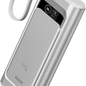 TALIX 190W 20000mAh Portable Charger,3-Port USB-C Fast Charging Power Bank Battery Pack with Built-in Retractable Cables for MacBook,Laptop,Computer,Cell Phones,iPhone 17,iPad,Android,Samsung,Silver