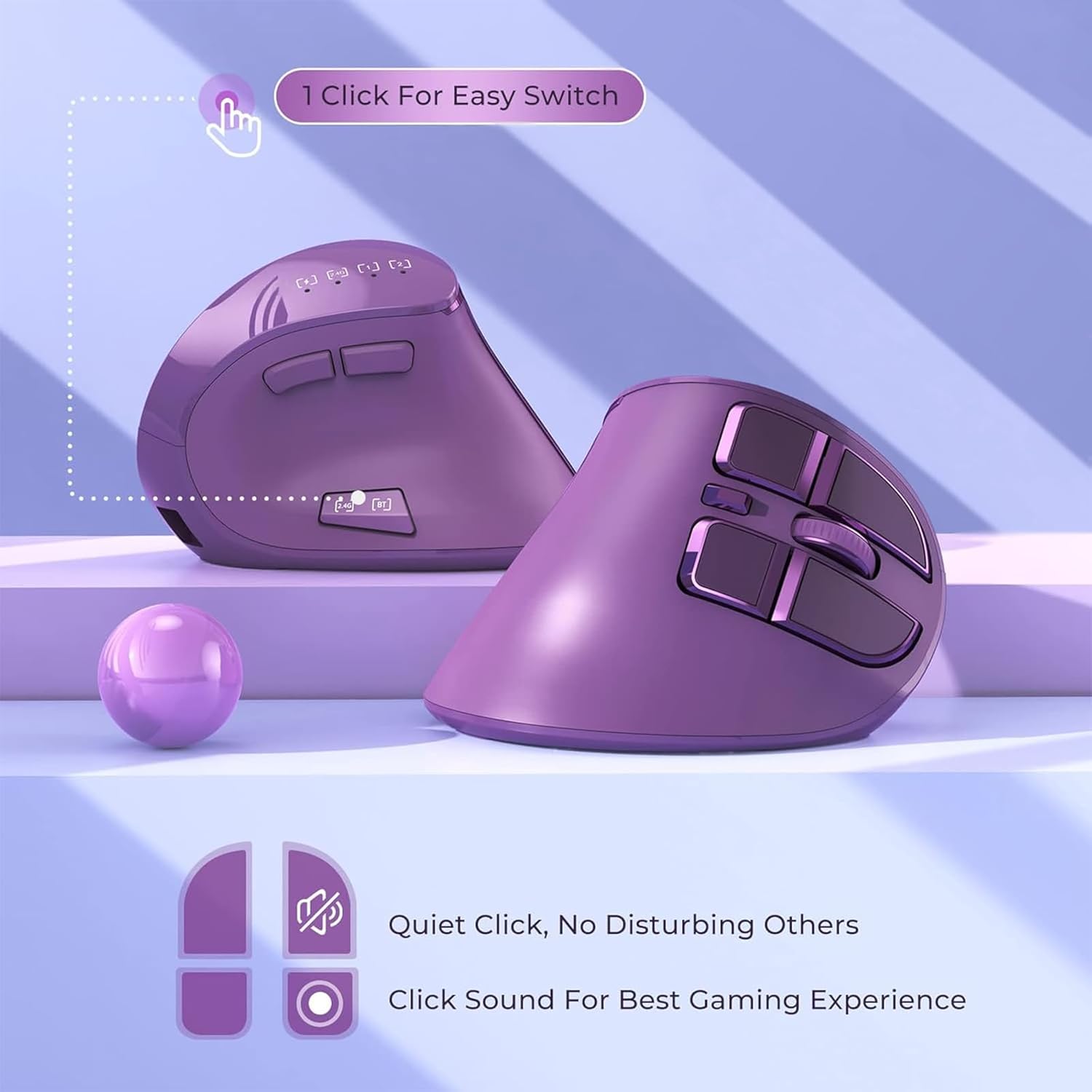 Vertical Mouse, Wireless Ergonomic Optical Mouse (BT 5.0 + Bluetooth 3.0 + USB Connection) with 9 Buttons, Rechargeable Computer Mouse for Wins PC/Laptop, Mac (Purple) - Image 6