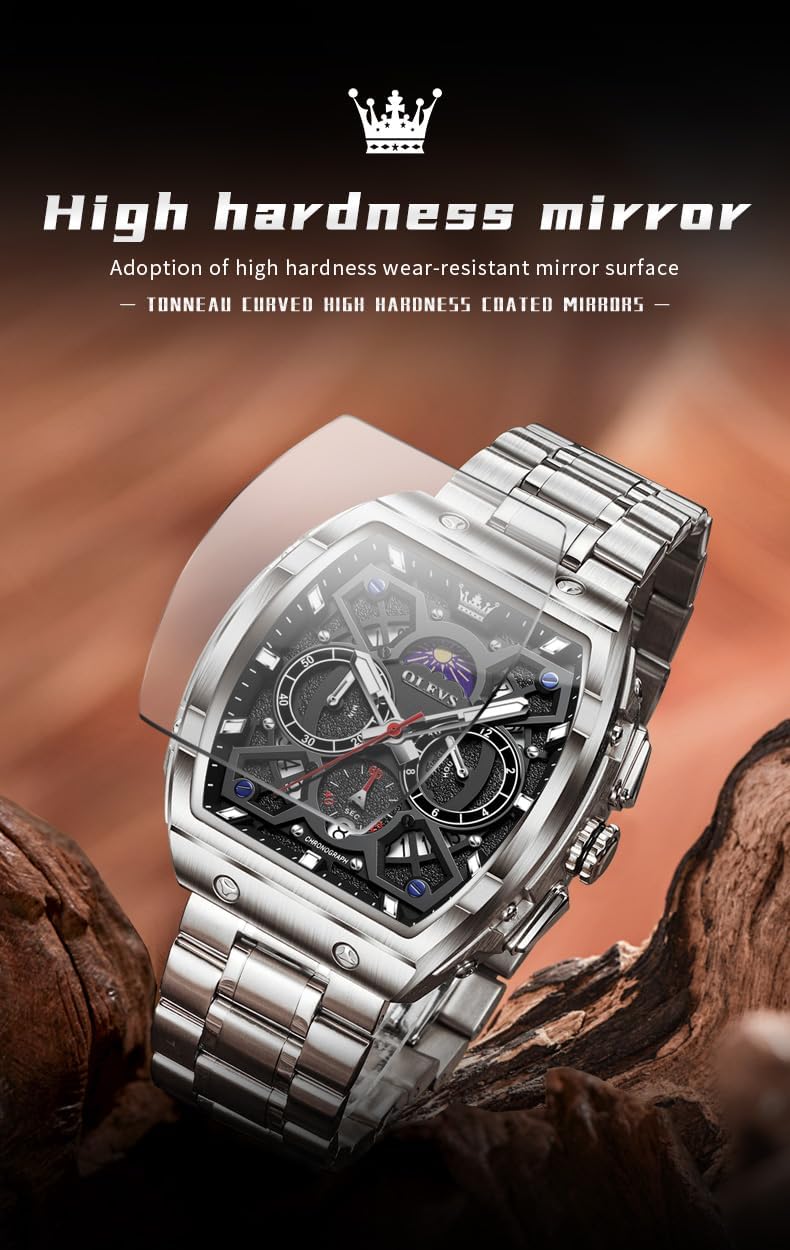 OLEVS Men Watches Business Dress Chronograph Big Square Quartz Analog Male Watch Silicone Strap Waterproof Date Gift Mens Wrsit Watch Silver - Image 3