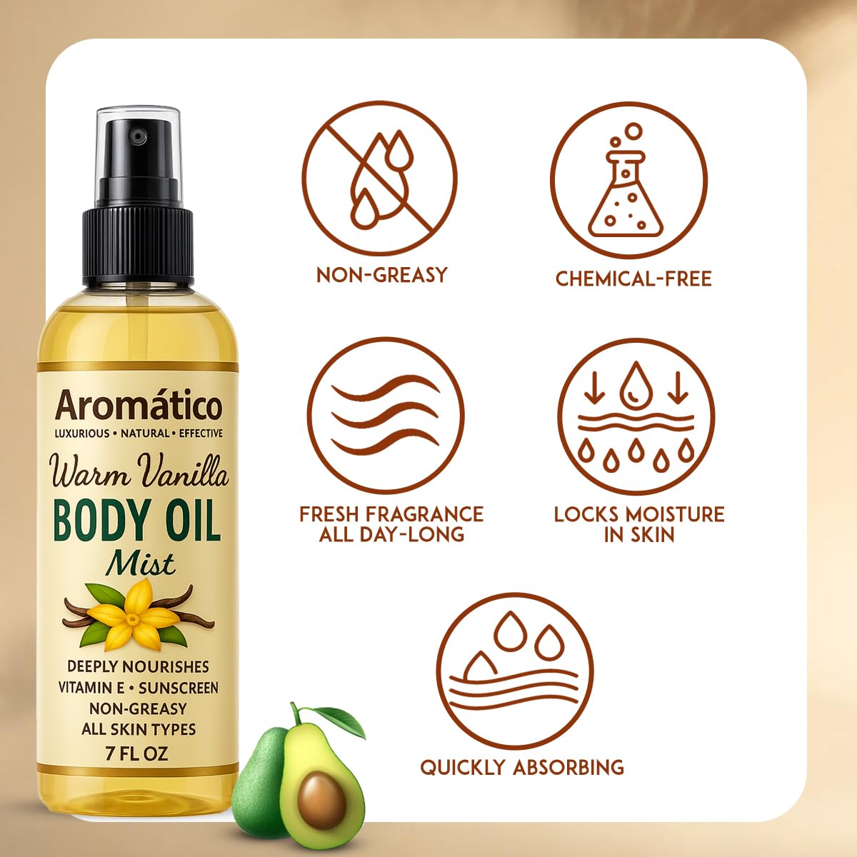 Aromatico Warm Vanilla Body Oil Mist for Women – 7 fl oz | Lightweight, Non-Sticky, Spray-on formula for Daily use After Shower | Moisturized, Soft, Glowing Skin | Cozy, Creamy Vanilla Scent - Image 7