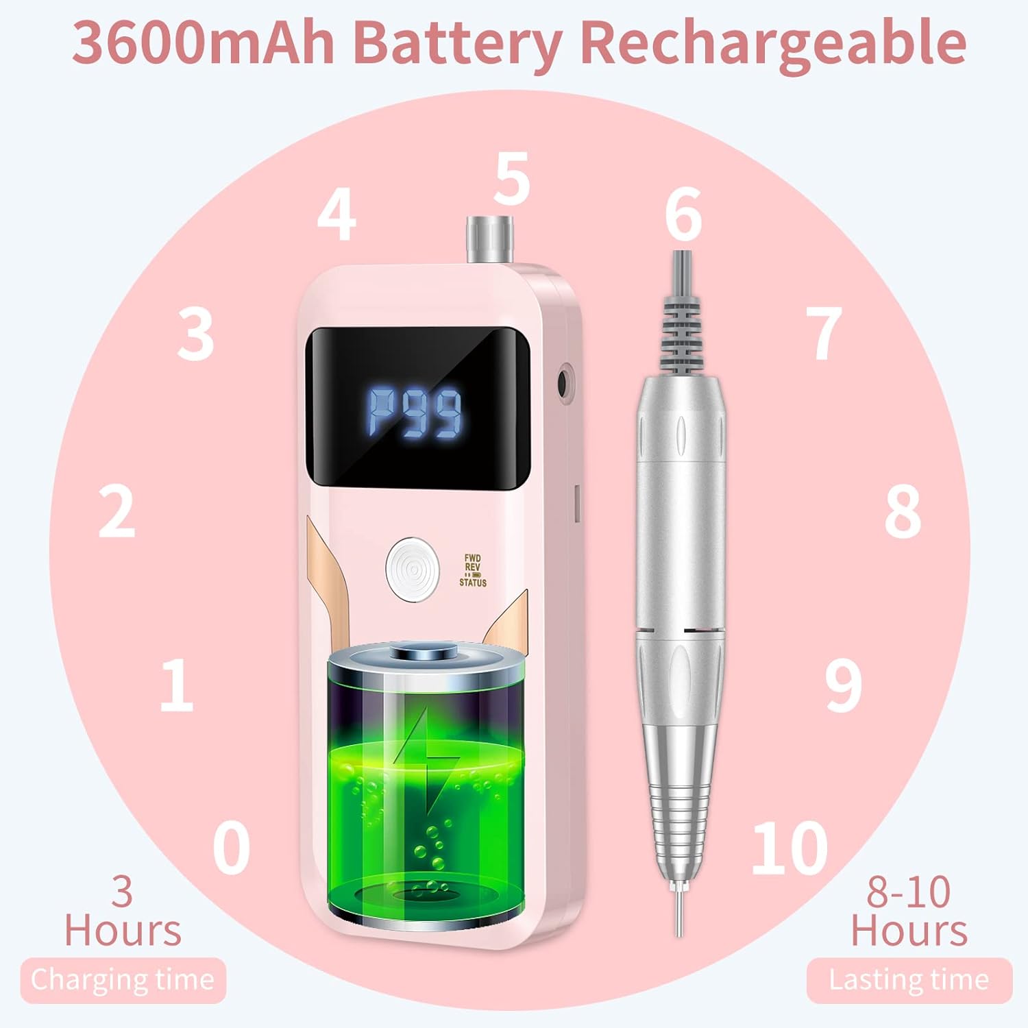 MOCOWIND Portable Nail Drill Professional 35000 RPM, Rechargeable Electric Nail File Machine Cordless E-File for Acrylic Gel Polishing Removing with Bits Kit for Manicure Salon Home, Pink - Image 5