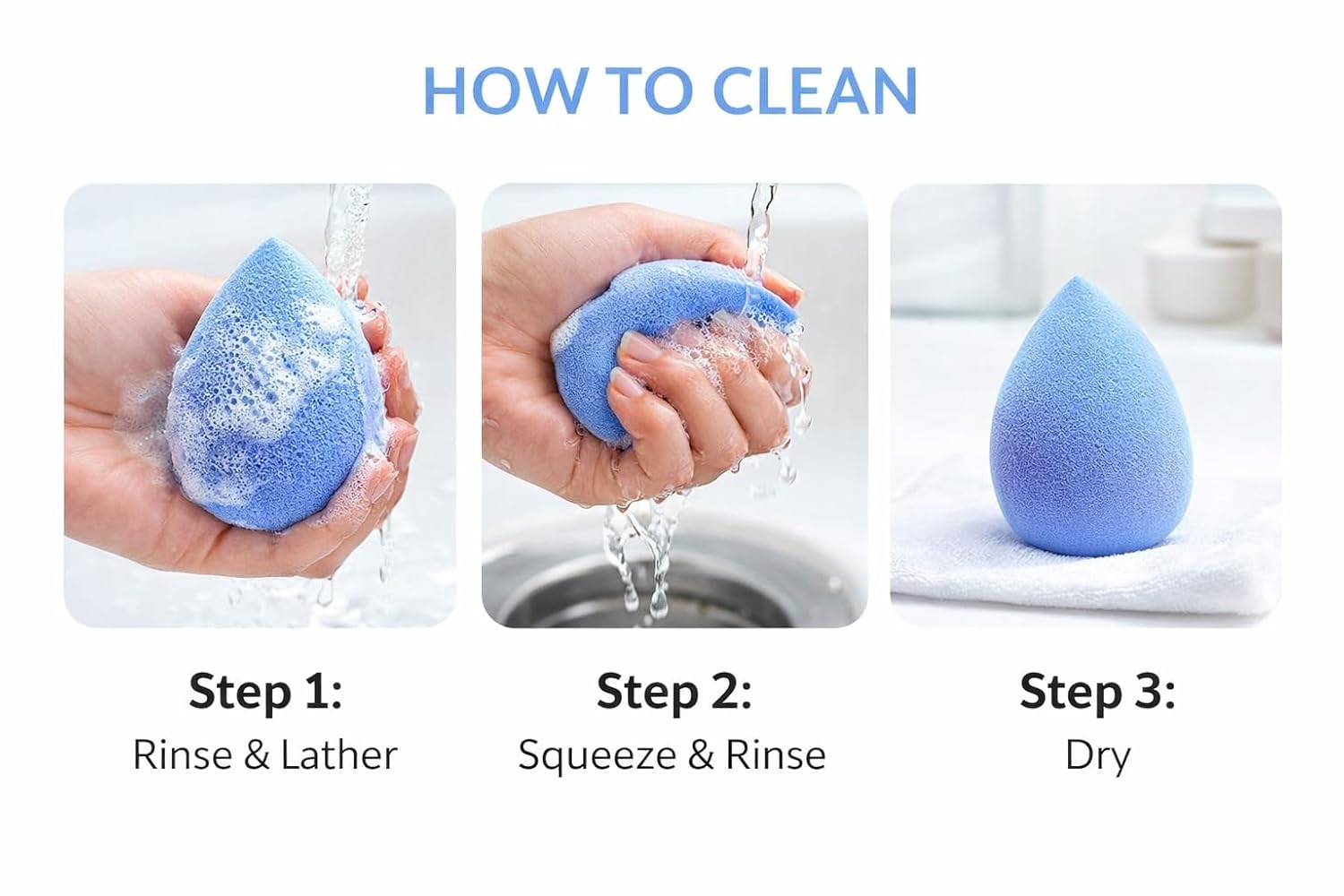 Beauty Makeup Sponge Blender 3 Pack – Ultra Soft Latex-Free Beauty Sponge for Foundation, Concealer & Powder – Flawless Airbrush Finish, Wet & Dry Use Cosmetic Applicator (Light Blue) - Image 5