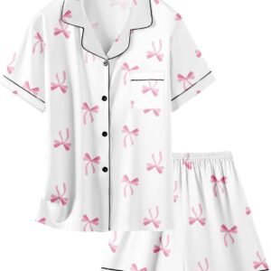 Schbbbta Girls Womens Pajamas, Satin Silky Pjs Set Kids 2Pcs Button-Down Nightwear Sleepwear Gift for Mommy and me