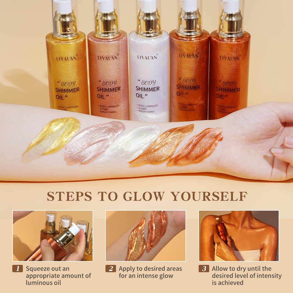 Liyalan Shimmer Body Oil Bronze Gold 5 Color Bronze 3.38 Fl Oz Face Glow Pearl Highlighter Illuminator body Makeup Shine Glitter Gold Liquid Taning - Image 4