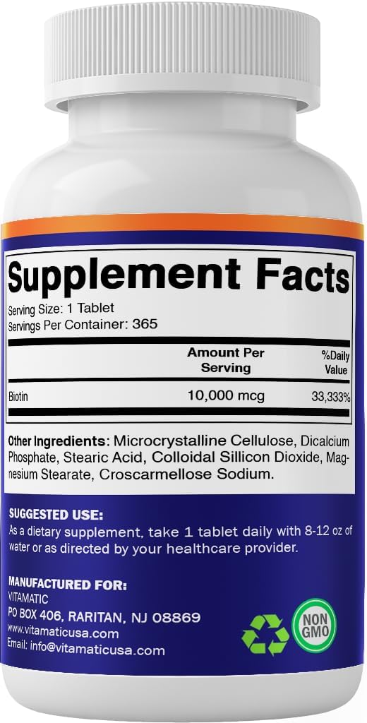 Vitamatic Biotin 10,000 mcg (10 mg) for Stronger Hair, Skin & Nails - 365 Vegan Tablets- Also Called Vitamin B7 - Image 7