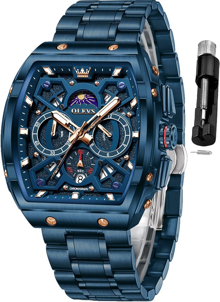 OLEVS Men Watches Business Dress Chronograph Big Square Quartz Analog Male Watch Silicone Strap Waterproof Date Gift Mens Wrsit Watch Silver
