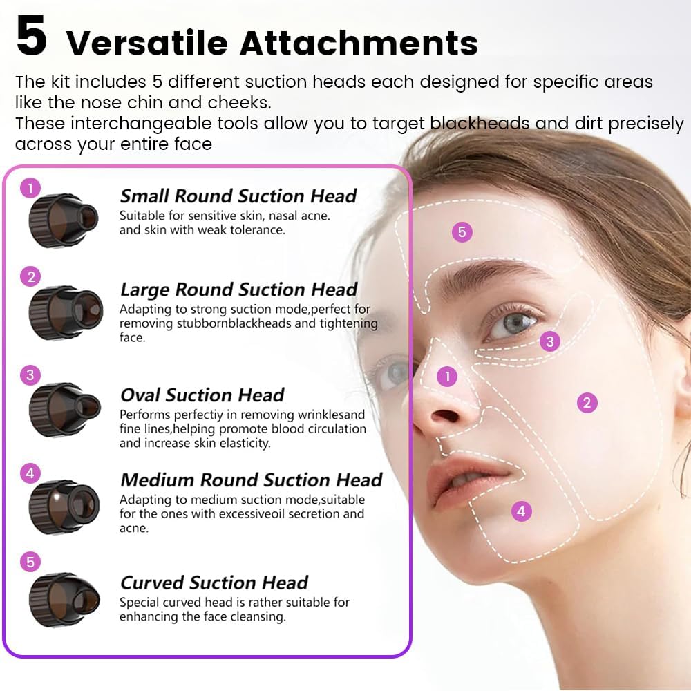 Blackhead Remover Pore Vacuum with Heating Function, Electric Comedone Extractor with 3 Suction Levels & 9 Modes, for Deep Pore Cleansing on Nose and Face with 5 Interchangeable Heads - Image 5