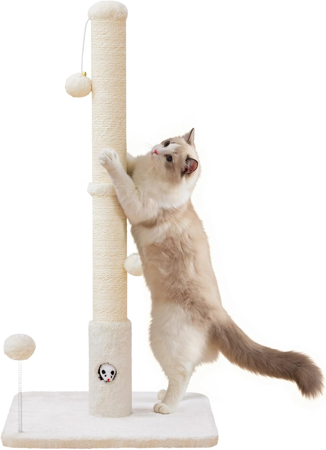 Woochpet Cat Scratching Posts 33" for Adults Cats, Cat Scratcher with Soft Fabric Covering Base and Durable Sisal Rope, Scratcher with Fun Mouse Hole and Cat Toy for Tall Cats (White)