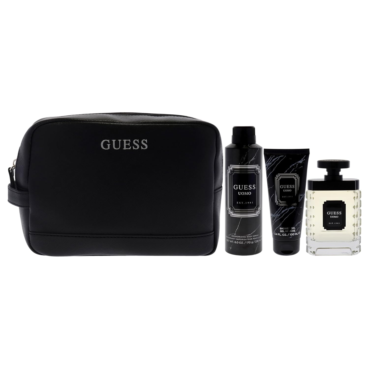 Guess Uomo by Guess for Men - 4 Pc Gift Set 3.4oz EDT Spray, 6oz Deodorizing Body Spray, 3.4oz Shower Gel, Pouch - Image 2