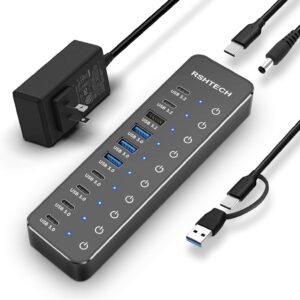 RSHTECH 10 Ports Powered USB 3.2/USB C Hub Splitter 60W with 3 x 10Gbps USB 3.2 Ports (2C + 1A),7 x USB 3.0 Ports (4C + 3A), 3.3ft Cable and Individual Touch Switches for Laptop PC