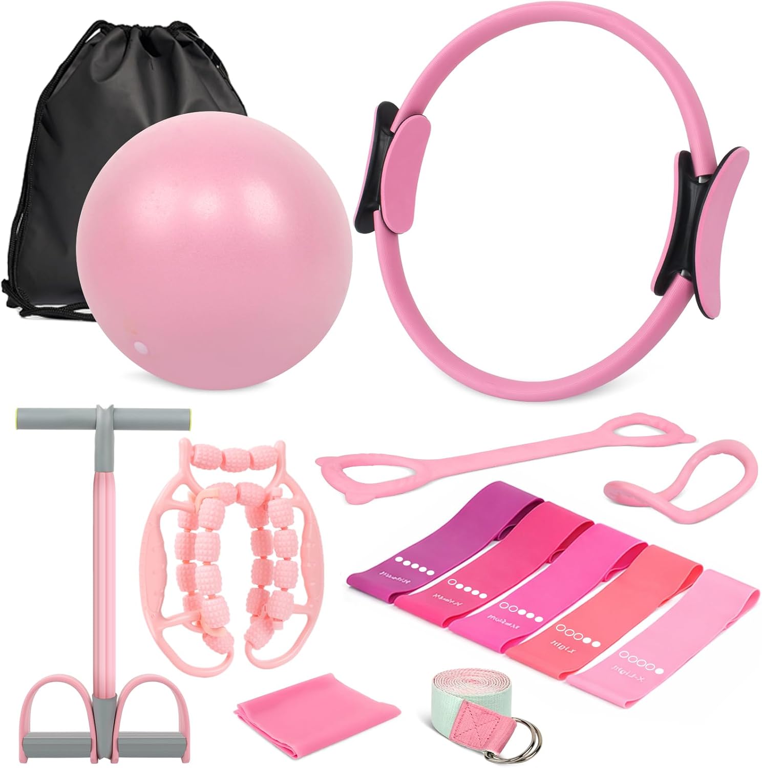Home Pilates Essentials Kit for Women, Complete 13-in-1 Pilates Equipment Ring and Ball Set with 5 TPE Resistance Bands, Ankle Weights, 8-Shaped Pull Band, Stretch Strap and Waterproof Bag
