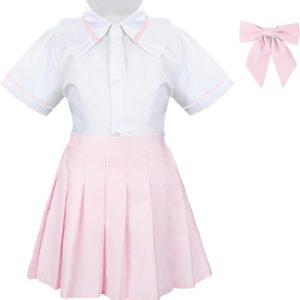 Girls’ School Uniform Skirt Set，Girls Bow Tie Shirt Top with Pleated Mini Skirt Suit Costume Cute Student Outfit Set