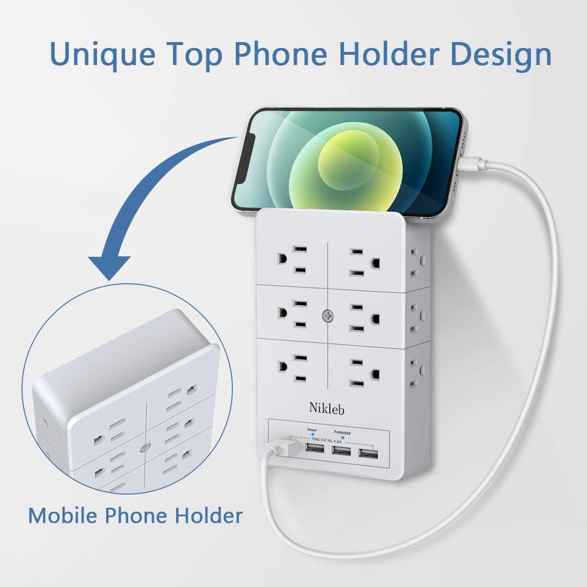 Multi Plug Outlet Surge Protector Nikleb, 12 Electrical Outlets Extender with 4 USB Charging Ports Total 4.8A, Wall Plug Expander 3 Prong for Room, Office, Gaming, Cord Organizer Accessories - Image 5