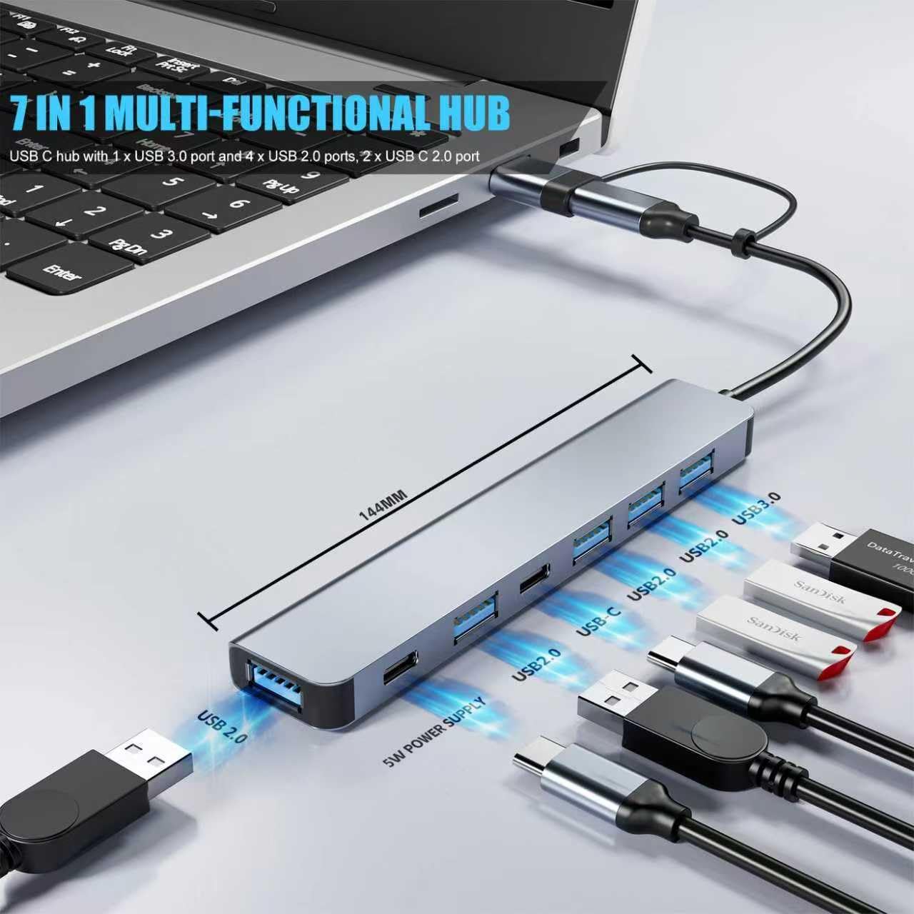 【Upgrade】 USB C/USB Hub, BERLAT Aluminum 7 in 1 USB C & USB Hub with USB 3.0, USB 2.0 Ports for PC/Laptops/MacBook Pro/Air/iMac/iPad and More Devices - Image 2