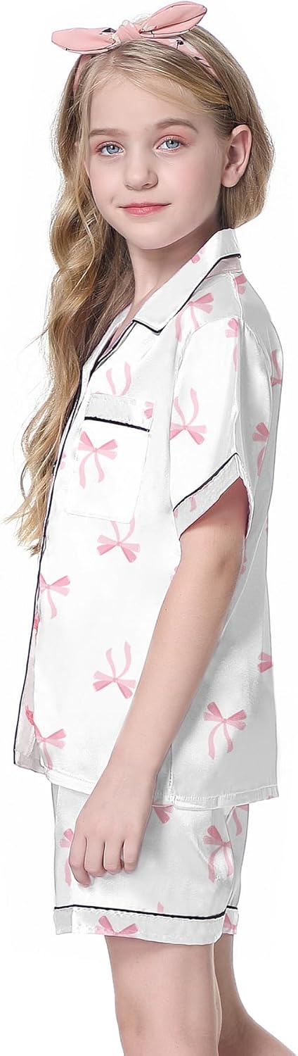 Schbbbta Girls Womens Pajamas, Satin Silky Pjs Set Kids 2Pcs Button-Down Nightwear Sleepwear Gift for Mommy and me - Image 3