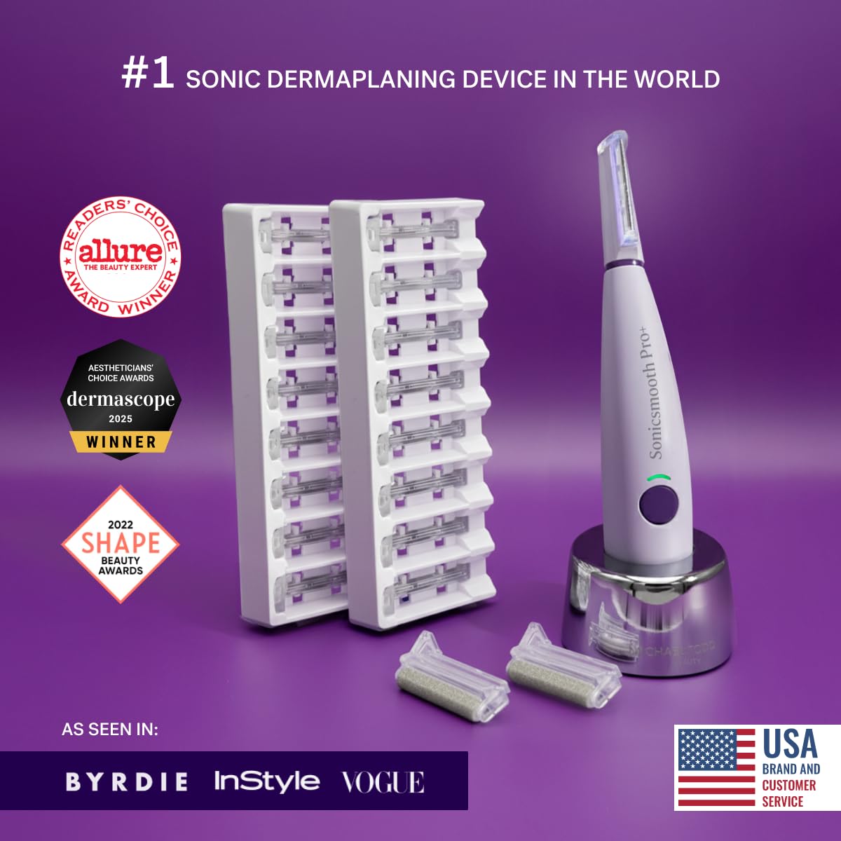 Michael Todd Beauty Sonicsmooth Pro+ Dermaplane Razor for Women Face + Eyebrow Trimmer Dermaplaning System w/LED Light Peach Fuzz Remover -16 Dermaplaning Blades & 2 Microsmooth Exfoliation Tips - Image 3