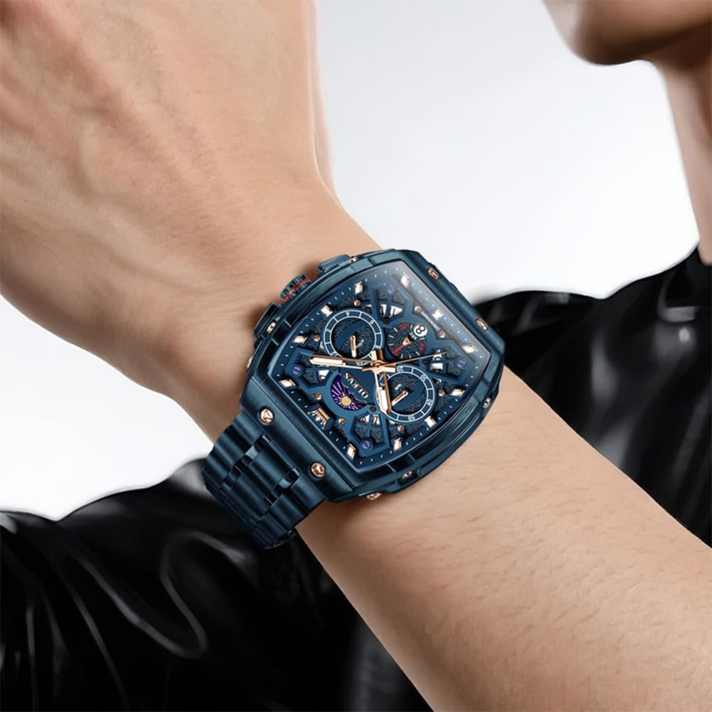 OLEVS Men Watches Business Dress Chronograph Big Square Quartz Analog Male Watch Silicone Strap Waterproof Date Gift Mens Wrsit Watch Silver - Image 6