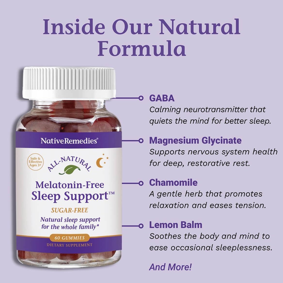 Native Remedies Melatonin-Free Sleep Gummies – Sugar-Free Herbal Formula with GABA, Magnesium, L-Theanine & Valerian – Sleep Aid Natural Support for Adults - 60 Calm Gummy Vitamins - Image 4