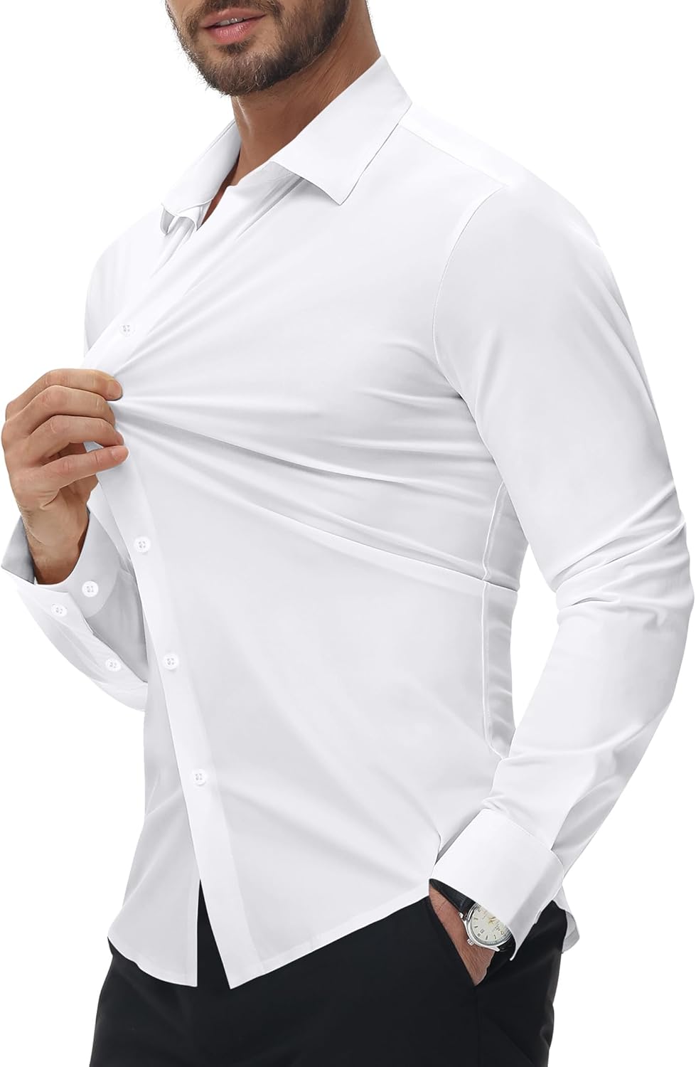 Alimens & Gentle Stretch Mens Dress Shirts Slim Fit Long Sleeve Casual Skinny Muscle Fit Wrinkle Free Button Down Shirt - Image 2