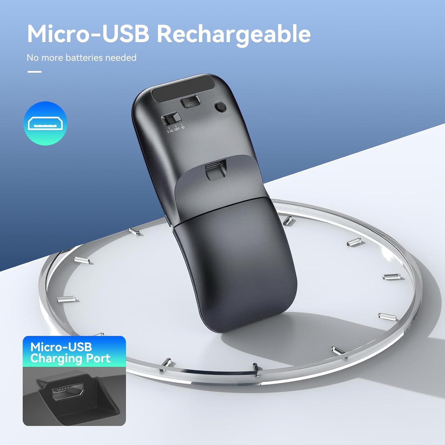 Bluetooth Wireless Arc Travel Mouse, Dual Model (2.4G+BT5.1) Rotating Foldable Mouse for Microsoft, Rechargeable Slim Portable Mice for Laptop, Notebook, PC, MacBook, Chromebook, Lenovo - Black - Image 6