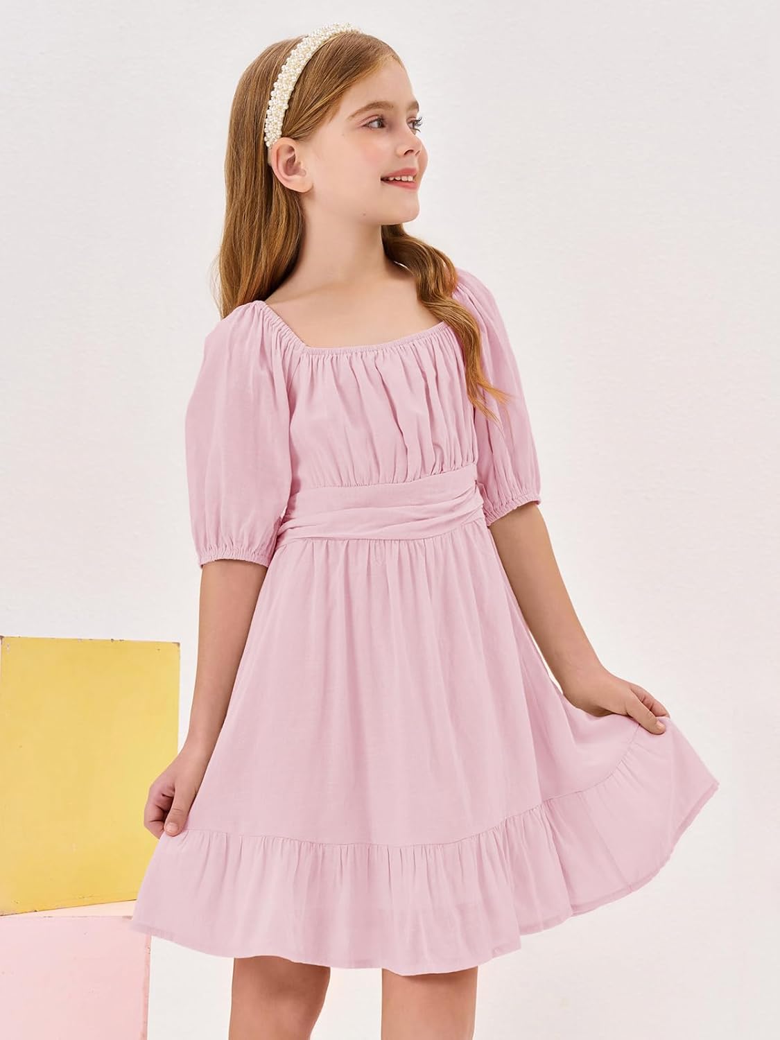 Girls Summer Dresses Square Neck Lantern Sleeve Tie Backless Ruffle A-Line Party Mini Dress - Image 5