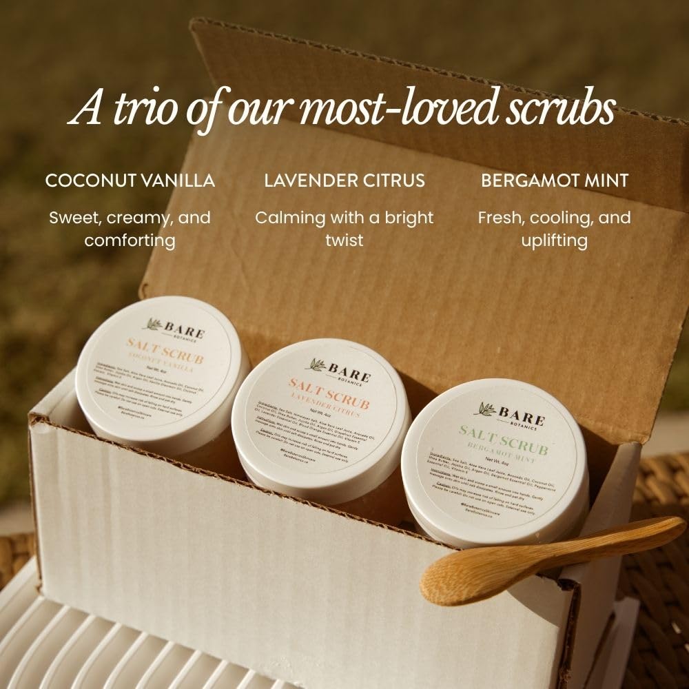 Bare Botanics 3 pc Body Scrub Gift Set - Ready to Gift Naturally Scented Sea Salt Scrub Made in Madison, WI - Formulated w/Skin Loving Moisturizers - Vegan, Cruelty Free Exfoliator w/a Cute Spoon - Image 4