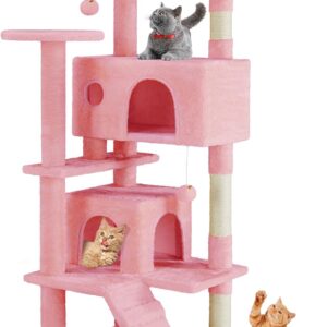 Sweetcrispy 54 Inch Cat Tree Tower, Multi-Level with Cat Scratching Post, Indoor Cat Condo with Climbing Ladder, Plush Toy, Play House for Cat, Pink