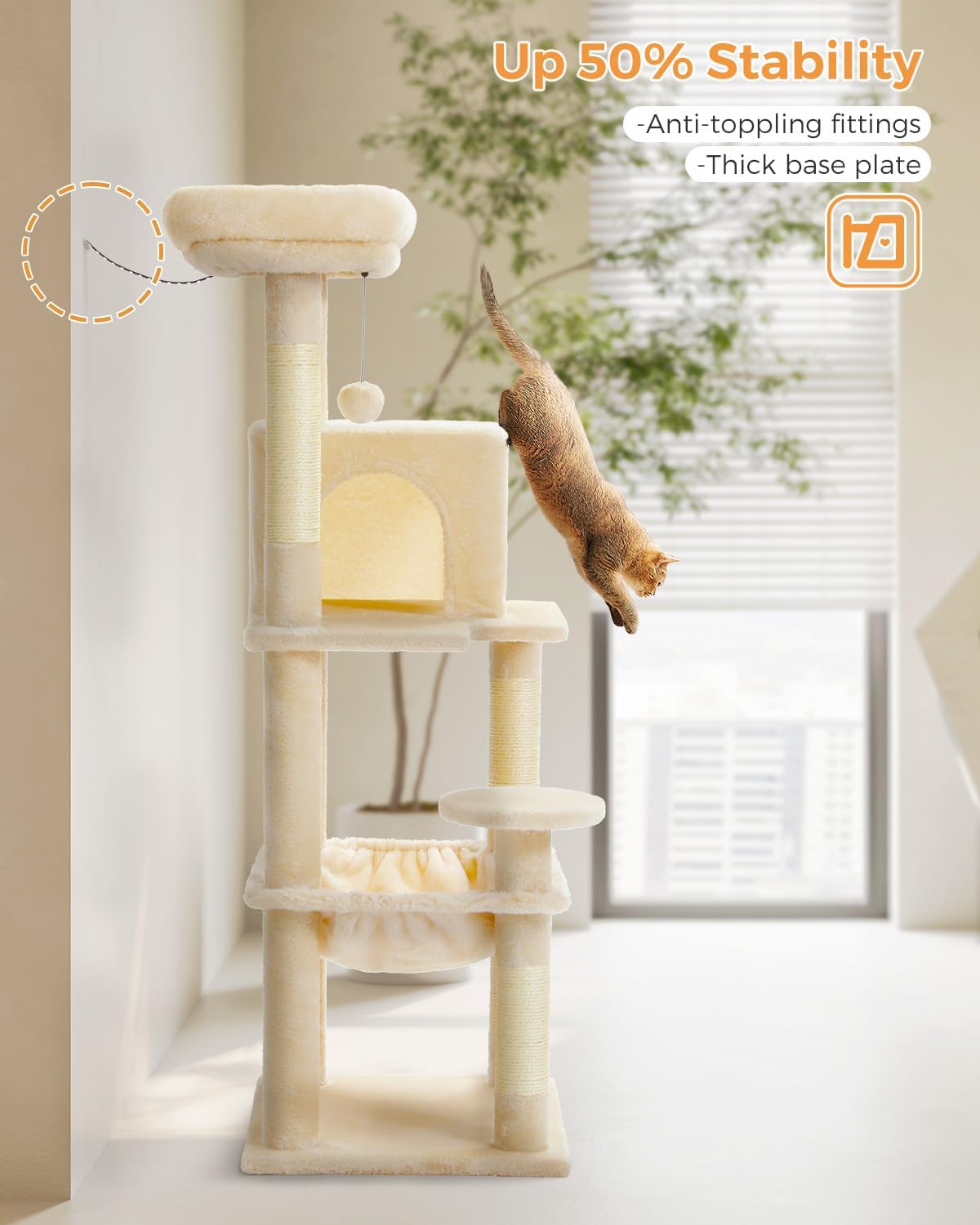 MUTTROS Cat Tree for Large Cats Adult with Metal Plush Big Hammock, 56.3" Cat Tower with 2 Door Condo House, 6-Tier Cat Shelves with Scratching Posts and Large Top Perch, Beige - Image 6