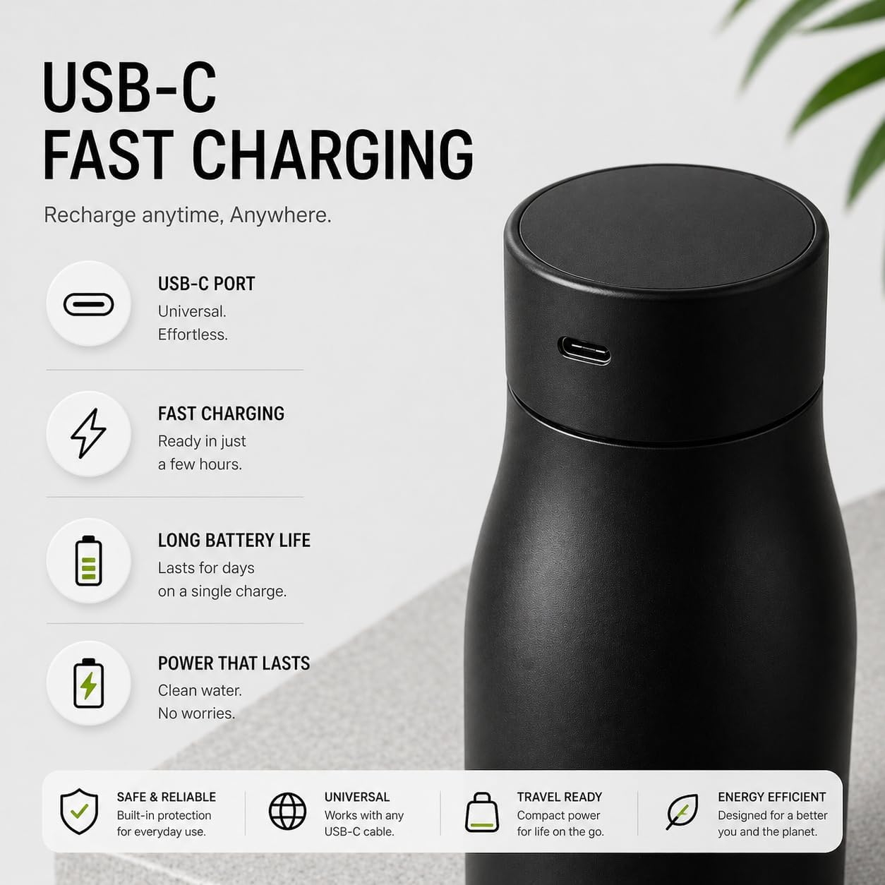 BeLive Smart Water Bottle 24oz – UV-C Self Cleaning, Temperature Display (°C/°F), Hydration Reminder, USB-C Rechargeable, Insulated Stainless Steel Bottle (Black) - Image 5