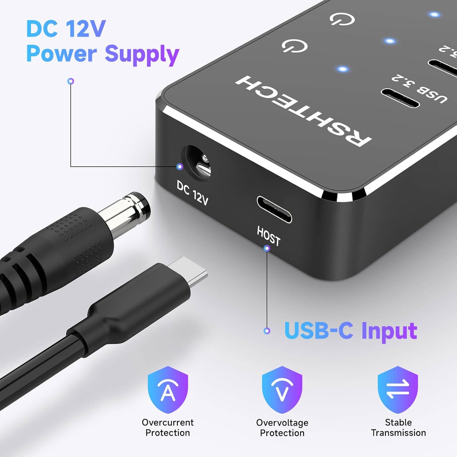RSHTECH 10 Ports Powered USB 3.2/USB C Hub Splitter 60W with 3 x 10Gbps USB 3.2 Ports (2C + 1A),7 x USB 3.0 Ports (4C + 3A), 3.3ft Cable and Individual Touch Switches for Laptop PC - Image 6