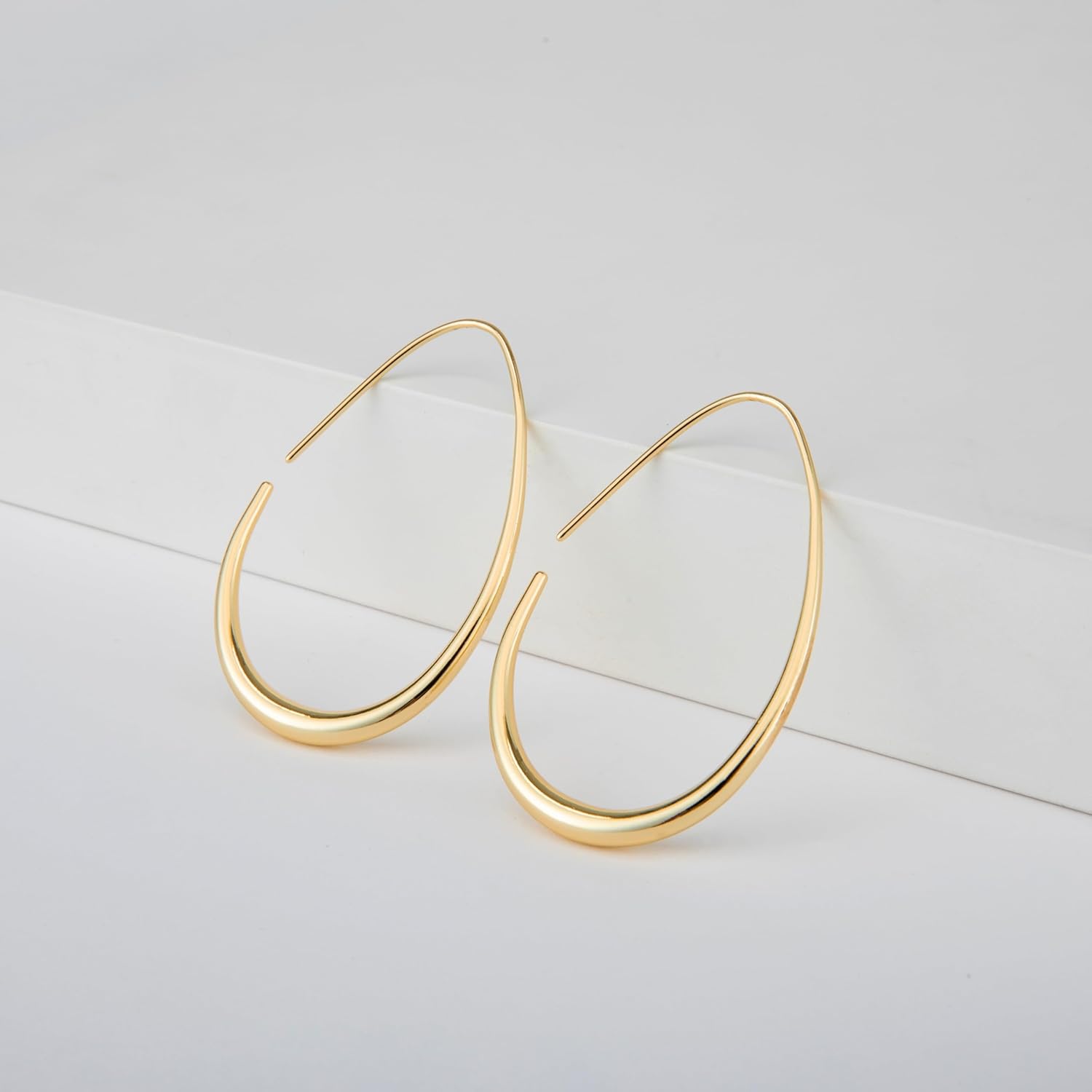 Lightweight Teardrop Hoop Earrings for Women - 14k Gold/White Gold Plated Large Oval Pull Through Hoop Earrings High Polished Statement Jewelry Gift for Women - Image 4