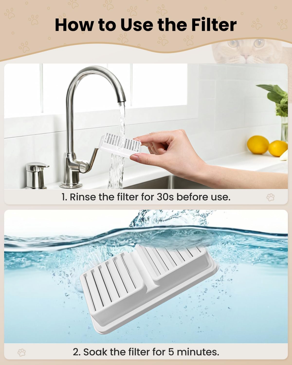Replacement Filter for Cat Water Fountain - 6 Packs Pet Water Bowl Filters - 6 Filters & 6 Sponges Set for Stainless Steel Cats/Dog Water Dispenser - Activated Carbon & Foam Filtered Refill - Image 3